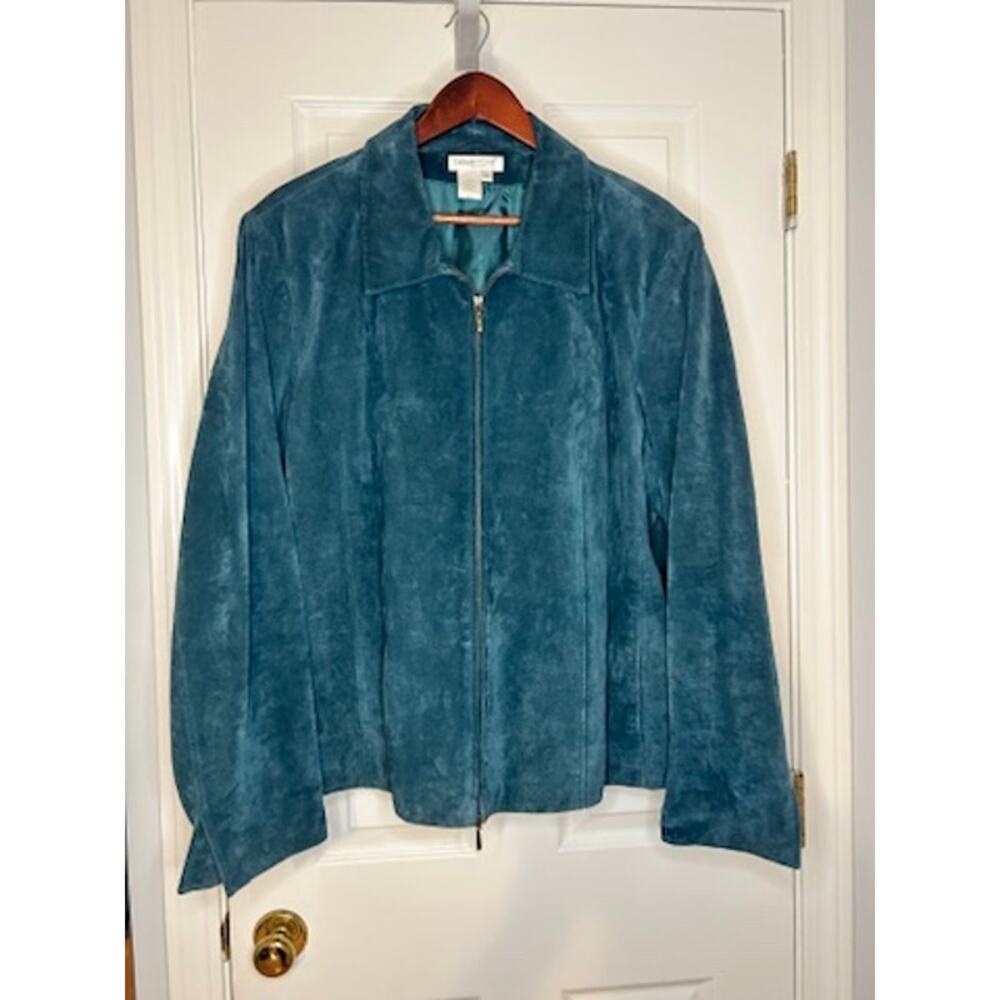 Coldwater Creek 3X Teal Suede Leather Jacket Zip Front Plus Size Blue Green